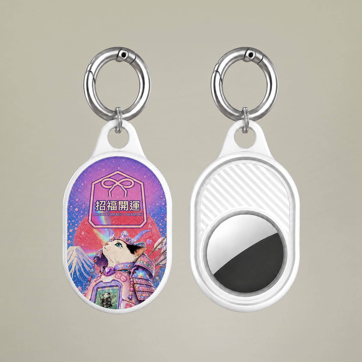 Cat Samurai Lucky AirTag cover shown from the front and back