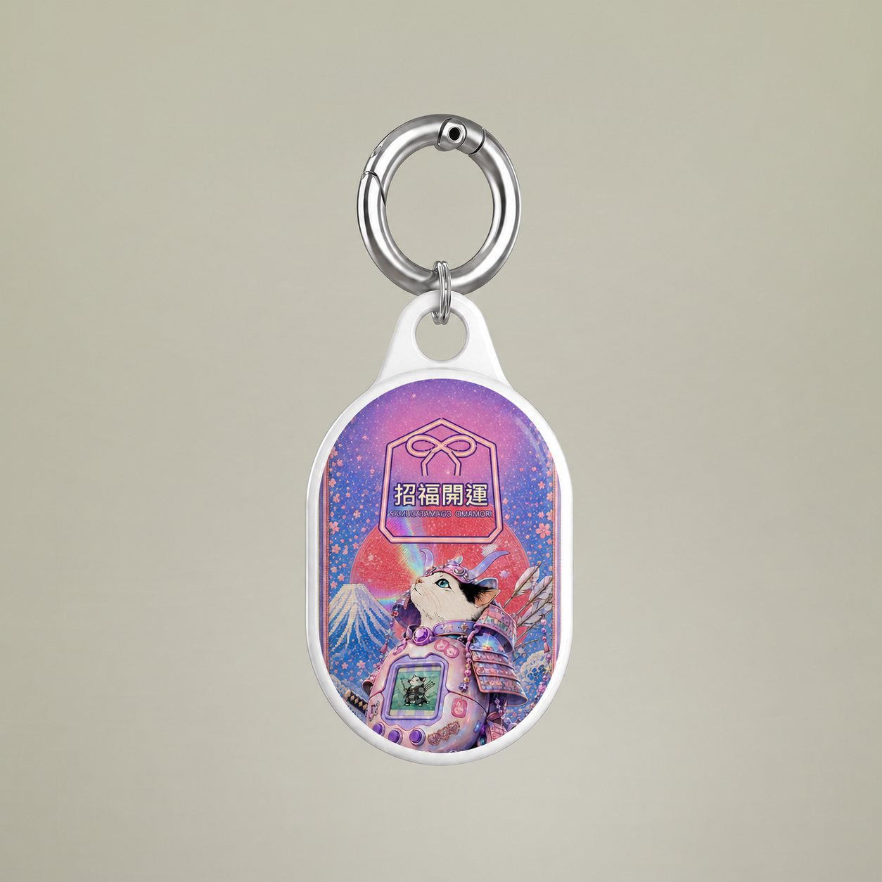 Cat Samurai Lucky AirTag cover shown from the front with 招福開運 artwork