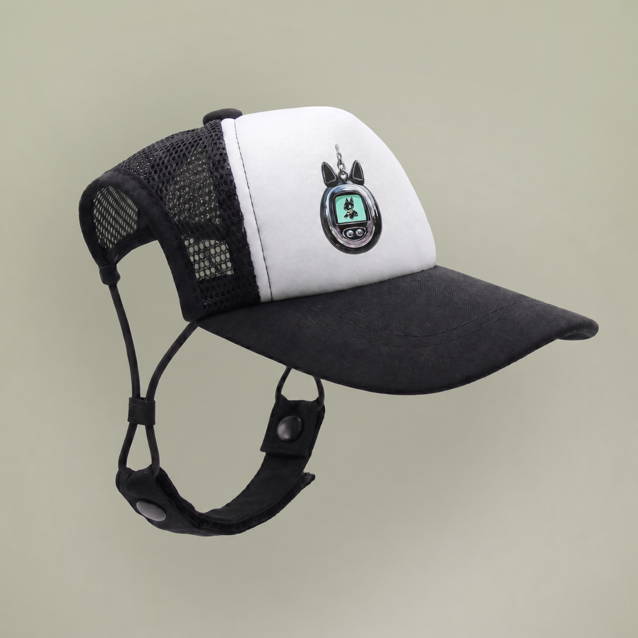 Three-quarter side view of Anubis Y2K dog foam trucker hat IMG-002