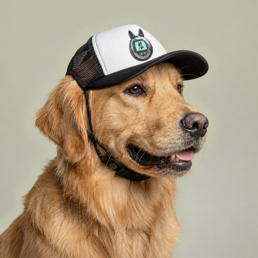 Golden retriever wearing Anubis Y2K dog foam trucker hat IMG-002