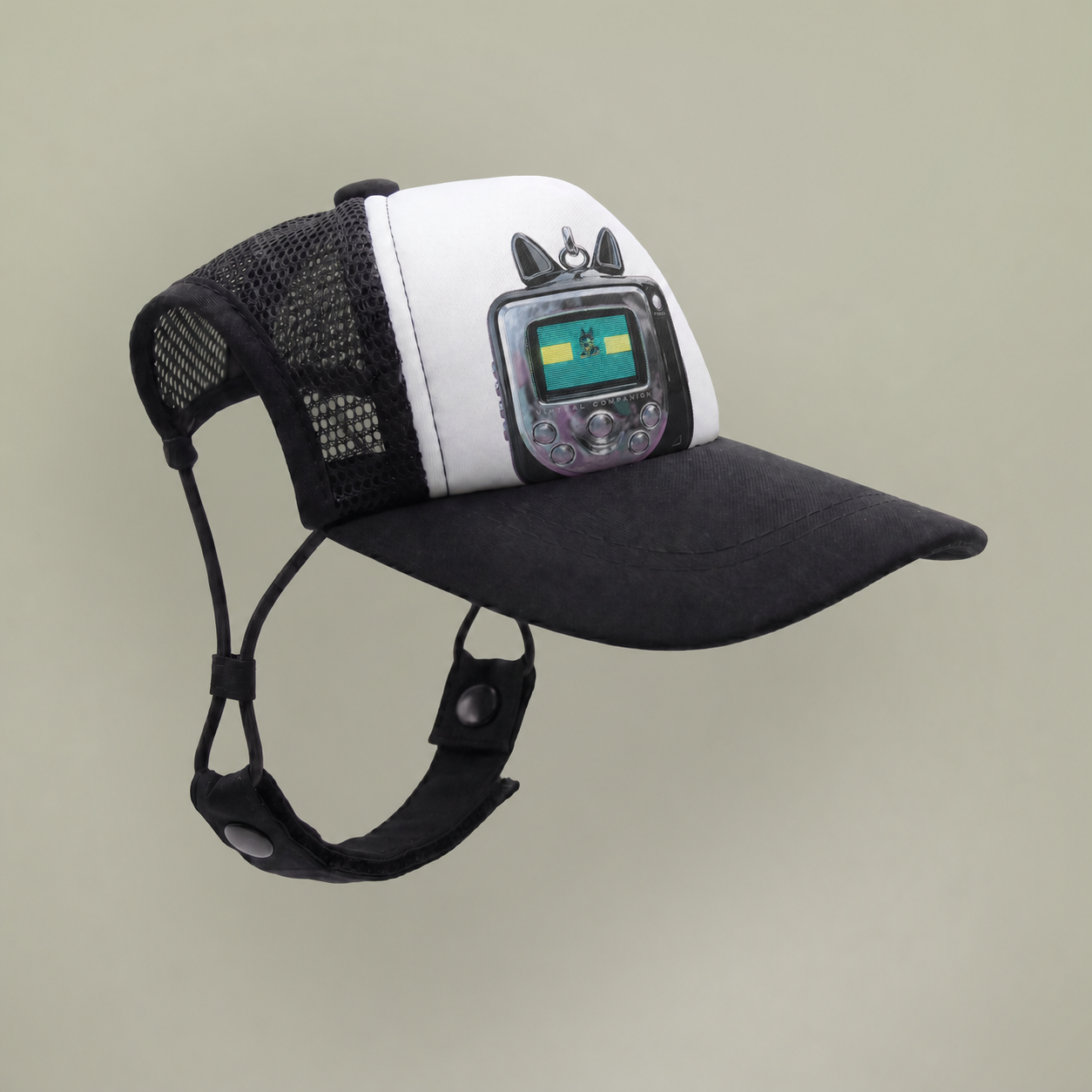 Three-quarter side view of Anubis Y2K dog foam trucker hat IMG-006