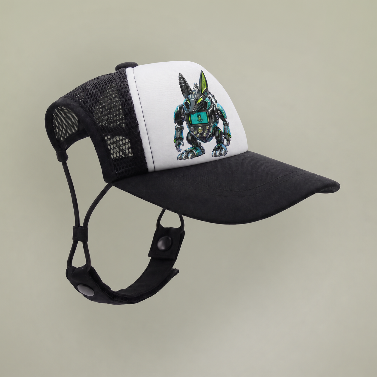 Three-quarter side view of Robotic Bunny Y2K dog foam trucker hat IMG-010