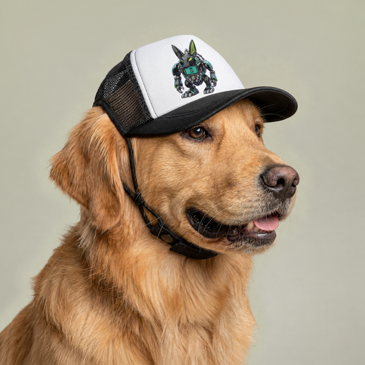 Golden retriever wearing Robotic Bunny Y2K dog foam trucker hat IMG-010